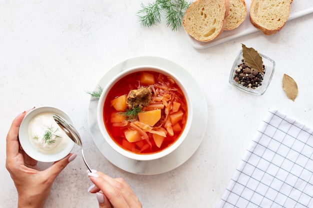 Homemade soup in a white bowl