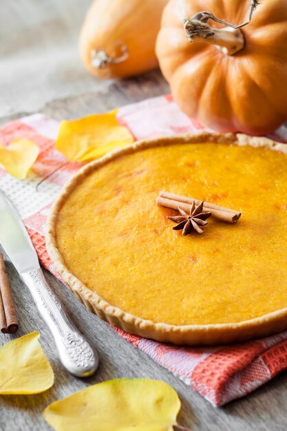 Homemade spicy pumpkin pie with cinnamon