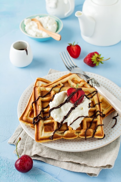 Homemade square Belgian waffles with ricotta cheese