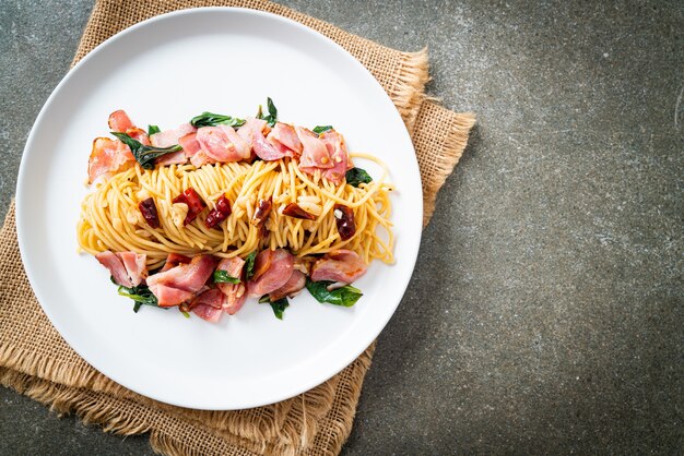 Homemade Stir-Fried Spaghetti With Dried Chili And Bacon