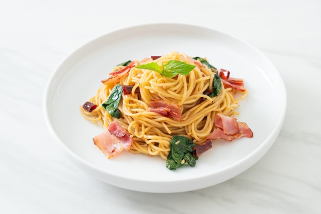 Homemade Stir-Fried Spaghetti With Dried Chili And Bacon