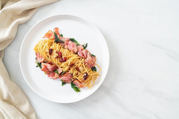 Homemade Stir-Fried Spaghetti With Dried Chili And Bacon