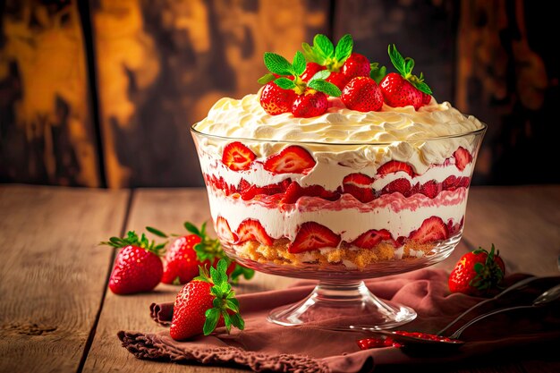 Homemade strawberry cream trifle in plate for dessert on blurred background