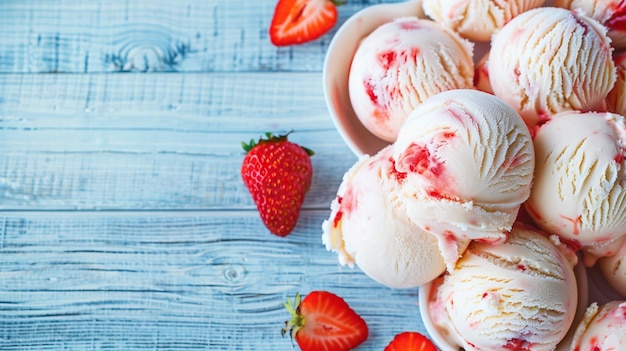 Photo homemade strawberry ice cream on light blue wooden background