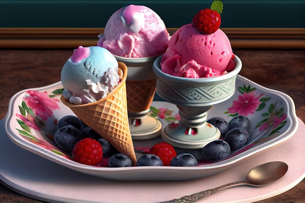 Homemade strawberry ice cream scooped in the cup Generative Ai