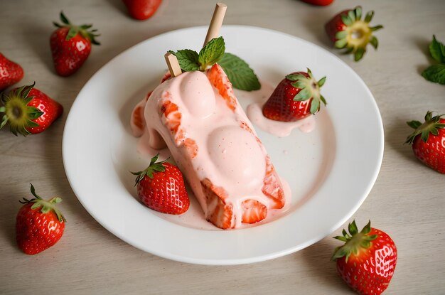 homemade strawberry ice cream on a stick in a plate with strawberries