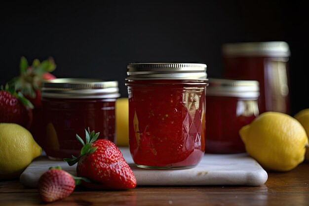 Homemade strawberry jam with hints of lemon and vanilla in vintage jar created with generative ai