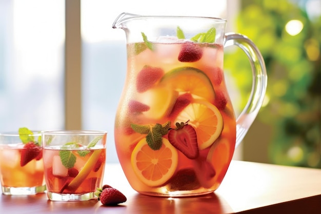 Homemade Strawberry Lemonade Pitcher with Lemon Slices and Mint
