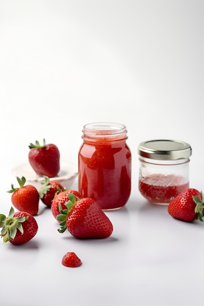 Homemade strawberry preserves or jam in a glass jar surrounded by fresh organic strawberries AI generated