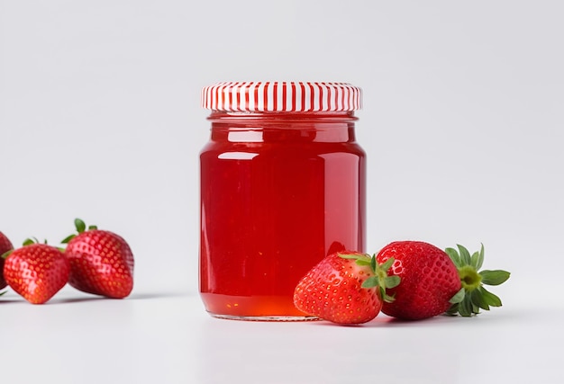 Homemade strawberry preserves or jam in a glass jar surrounded by fresh strawberries AI generated