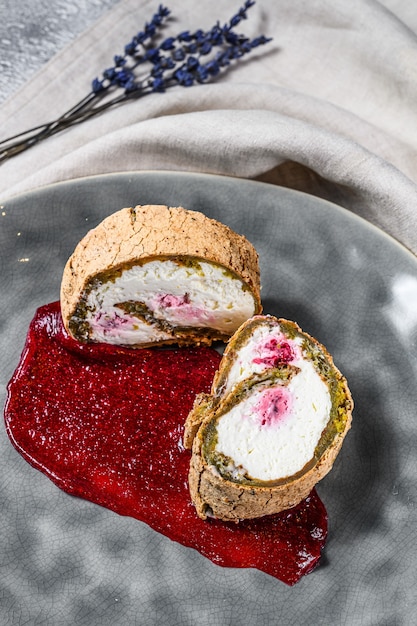 Homemade strawberry shortcake cake roll with cream cheese