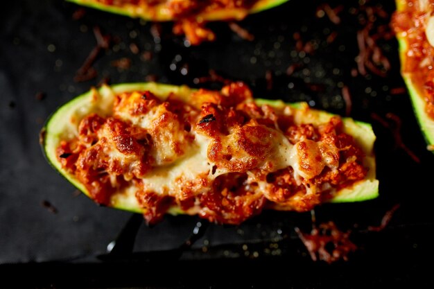 Zucchine ripiene fatte in casa su sfondo nero