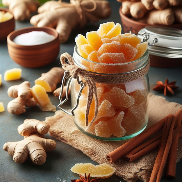 Homemade sugared candied ginger in a glass jar