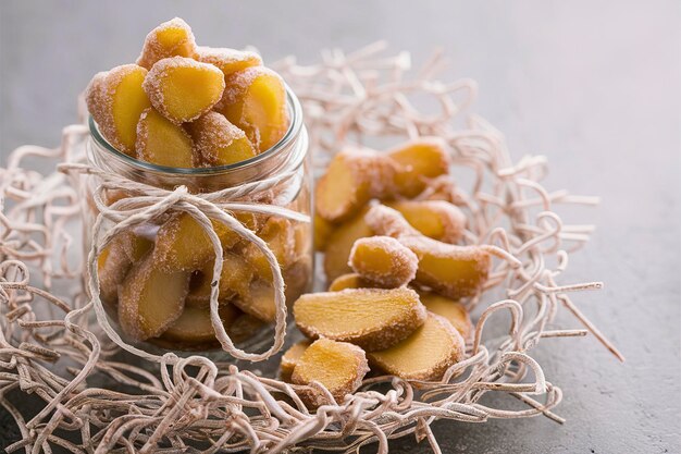 Homemade sugared candied ginger in a glass jar