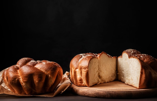 Homemade sweet bread on black background