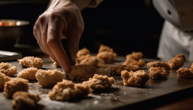 Foto biscotti dolci fatti in casa che cuociono in una cucina buia, indulgenza dello chef generata dall'intelligenza artificiale