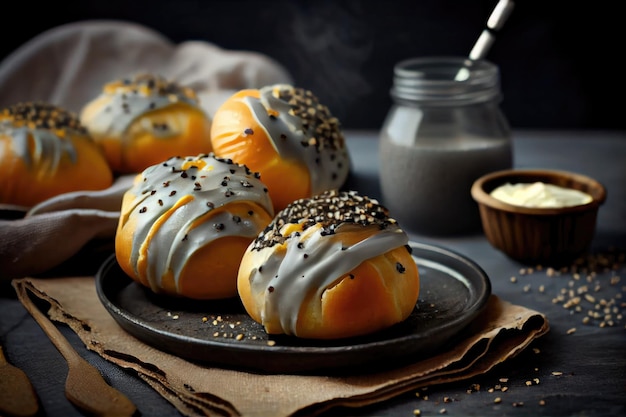 Homemade sweet poppy seed buns with glaze for breakfast