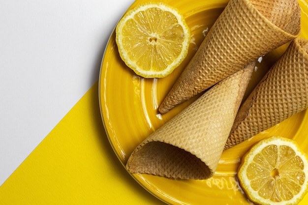 Homemade sweet wafer cone ice cream on plate