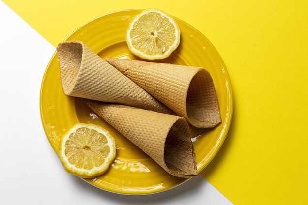 Homemade sweet wafer cone ice cream on plate