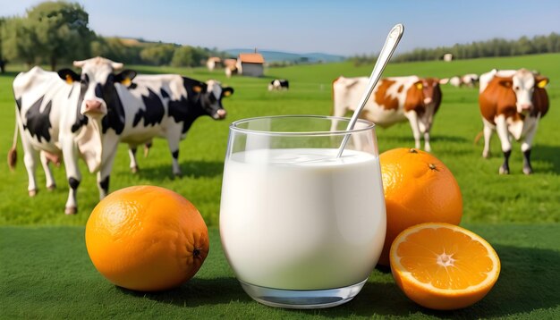 homemade sweet yogurt in a glass with oranges on green field with cows background