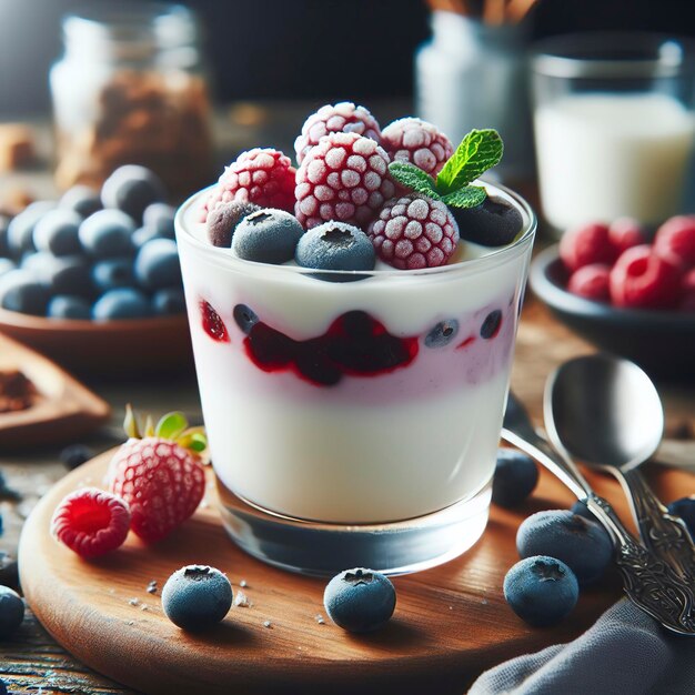 Домашний сладкий йогурт с замороженными ягодами в стакане на столе