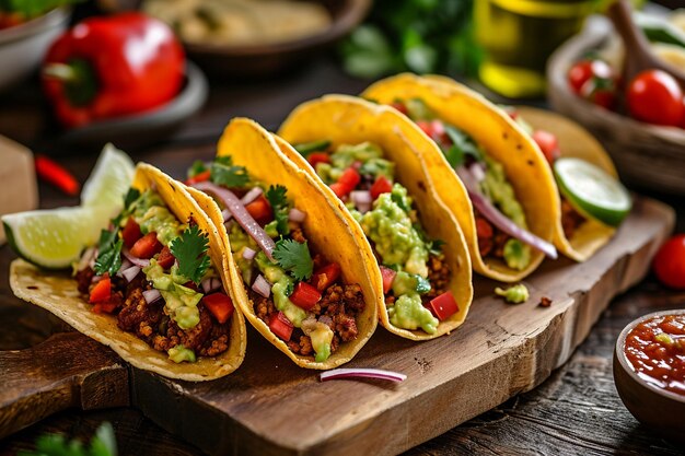 Homemade taco grilled meat fresh guacamole spicy salsa rustic tortilla