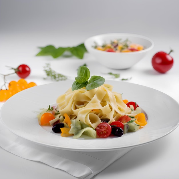 Homemade tagliatelle pasta on a plate on white background italian food generative ai content
