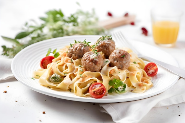 Homemade tagliatelle pasta with meatballs and tomatoes Italian food AI generated