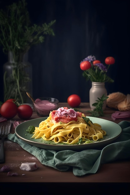 Homemade tagliatelle pasta with tomato sauce Italian food AI generated