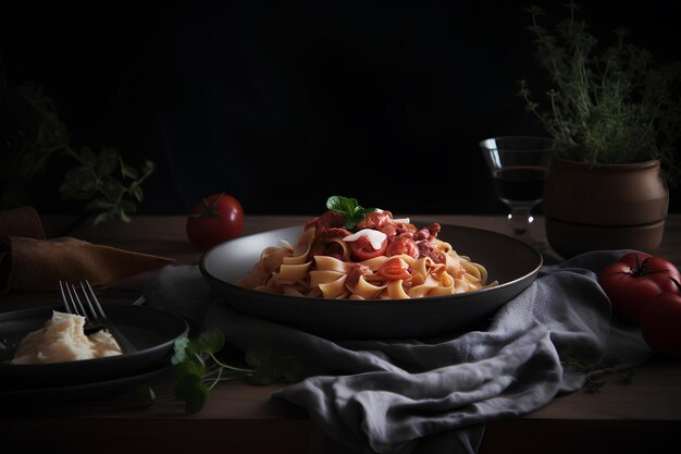 写真 暗い背景のイタリア料理の皿にトマトと自家製のタリアテッレ パスタ