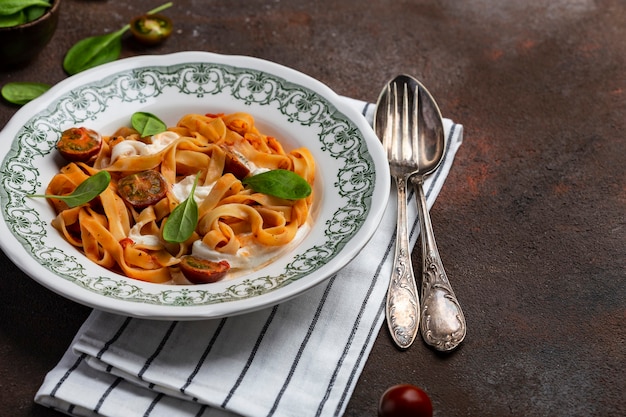 Homemade tagliatelle pasta with tomatoes and Stracciatella cheese