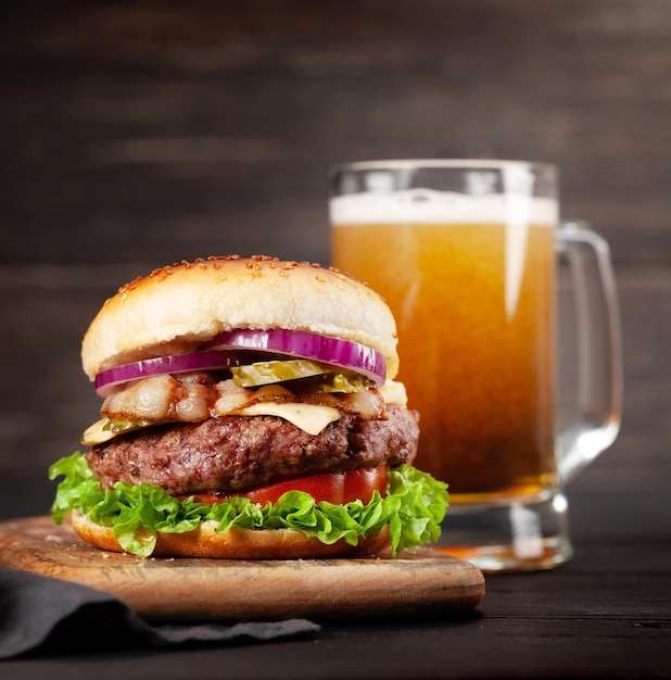 Homemade tasty beef burger and beer