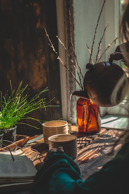 Homemade tea atmosphere Brown background