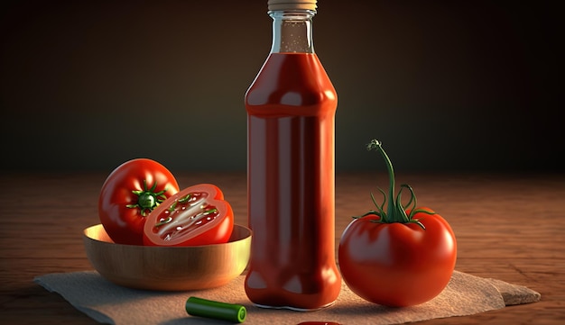 Homemade tomato sauce in a glass bottle with ripe green leaf tomatoes AI generated