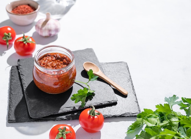 La salsa di pomodoro fatta in casa è un antipasto con pomodori e peperoncini piccanti in un barattolo su un'ardesia su uno sfondo chiaro con erbe e verdure fresche