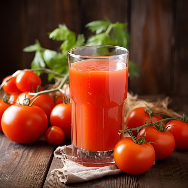 写真 自家製のトマトジュース - 木製の背景にトマトや野菜を植えたトマトのジュース