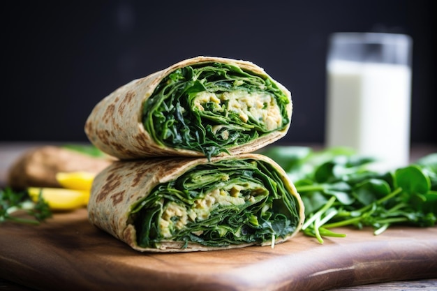 Homemade tortilla wraps filled with greens and protein