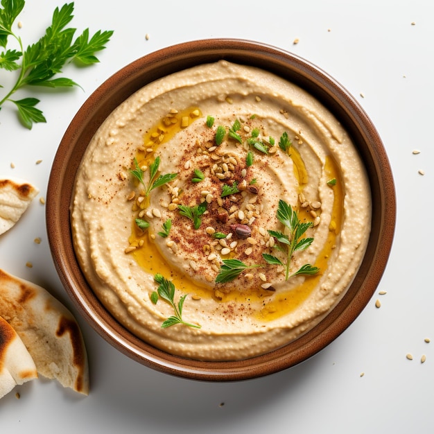 Photo homemade traditional hummus served on a ceramic plate on a white background