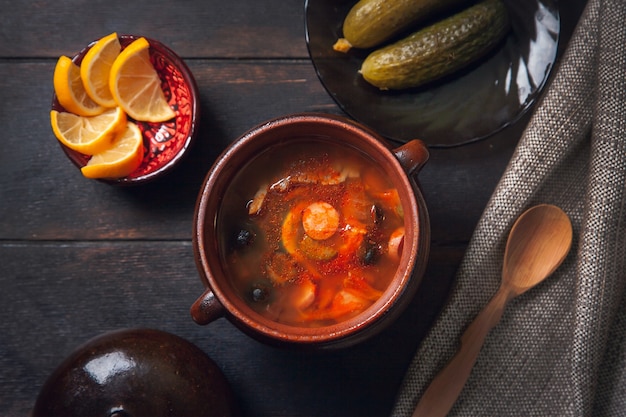 Homemade Traditional Russian soup Solyanka  