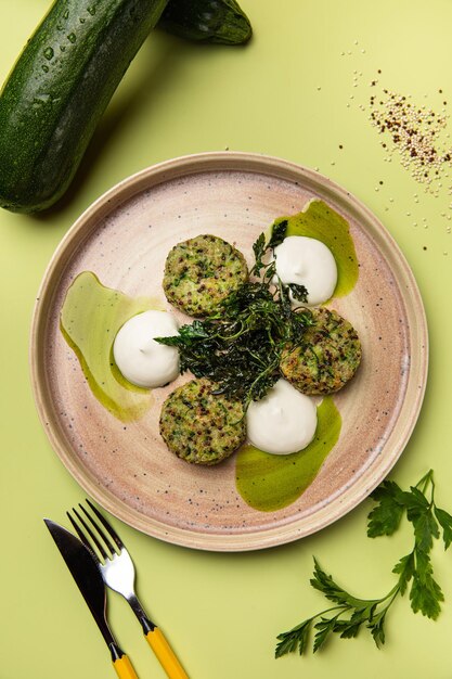 Homemade traditional south tyrolean spinach dumplings made\
potato and spinach mash served