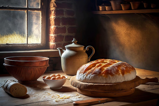 Homemade traditional wheat baked bread in kitchen