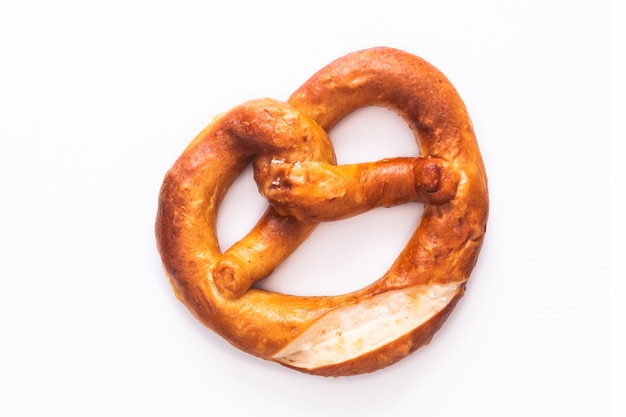 Homemade twisted knot Soft salt Pretzels on white background 