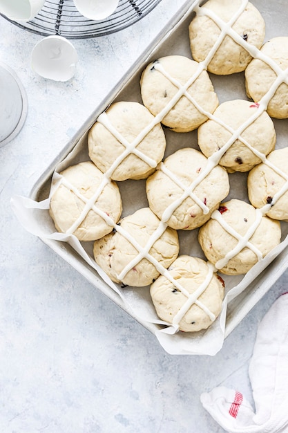 Homemade unbaked cross buns