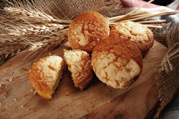 Homemade vanilla biscuits on wooden board close up