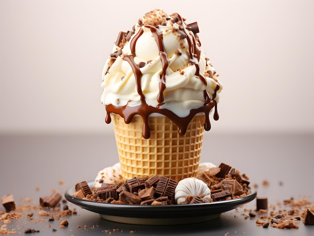 チョコレートで覆われたワッフルコーンで自家製のバニラアイスクリーム