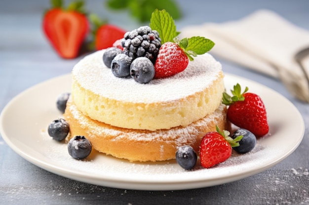 Домашний ванильный бисквит, украшенный сахарной пудрой и свежими ягодами, выложенный на белой тарелке