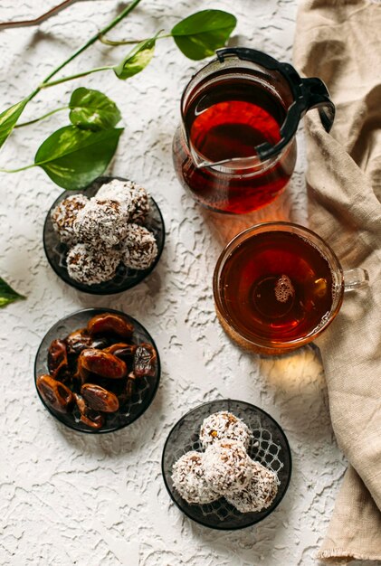 Homemade vegan healthy energy truffle balls with dried apricot dates nuts and seeds