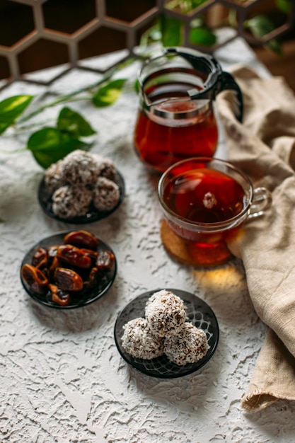 Homemade vegan healthy energy truffle balls with dried apricot dates nuts and seeds