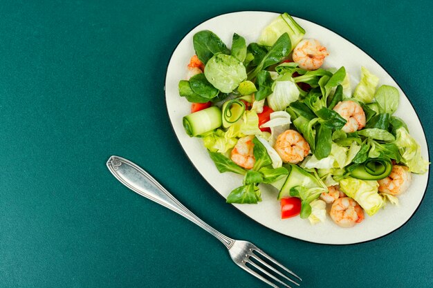 Homemade vegetable salad with shrimp