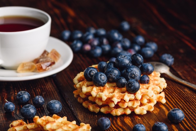 Homemade Waffles with Blueberry and Cup of Tea